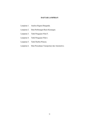 DAFTAR LAMPIRAN



Lampiran 1.   Analisis Regresi Berganda.

Lampiran 2.   Data Perhitungan Rasio Keuangan.

Lampiran 3.   Tabel Pengujian Nilai F.

Lampiran 4.   Tabel Pengujian Nilai t.

Lampiran 5.   Tabel Durbin-Watson.

Lampiran 6.   Data Perusahaan Transportasi dan Automotive.




                                         ix
 