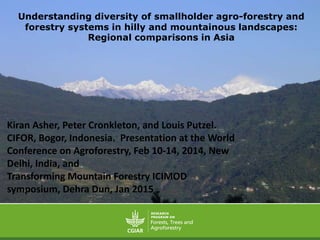 Understanding diversity of smallholder agro-forestry and
forestry systems in hilly and mountainous landscapes:
Regional comparisons in Asia
Kiran Asher, Peter Cronkleton, and Louis Putzel.
CIFOR, Bogor, Indonesia. Presentation at the World
Conference on Agroforestry, Feb 10-14, 2014, New
Delhi, India, and
Transforming Mountain Forestry ICIMOD
symposium, Dehra Dun, Jan 2015
 