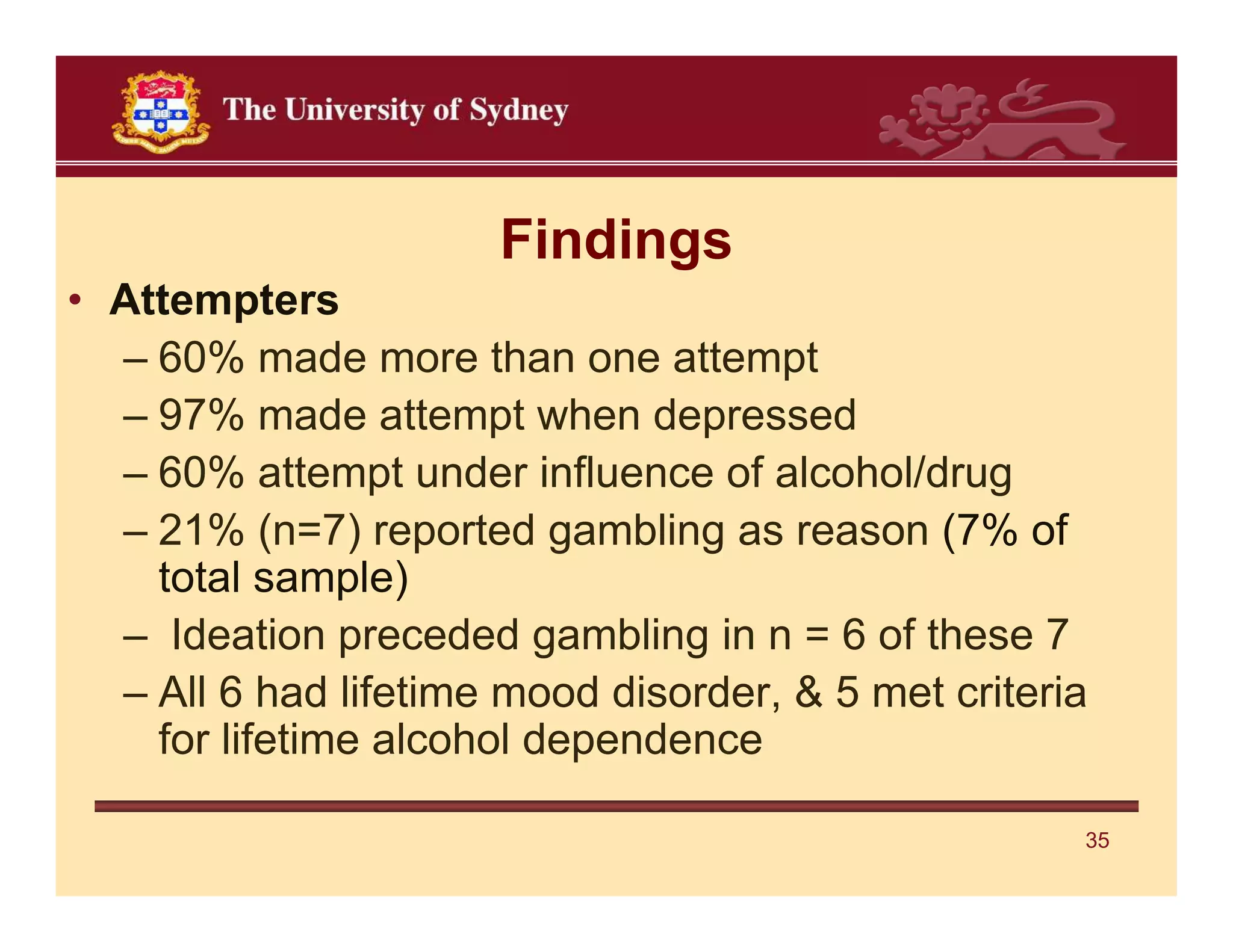 Findings
• Attempters
  – 60% made more than one attempt
  – 97% made attempt when depressed
  – 60% attempt under influence of alcohol/drug
  – 21% (n=7) reported gambling as reason (7% of
    total sample)
  – Ideation preceded gambling in n = 6 of these 7
  – All 6 had lifetime mood disorder, & 5 met criteria
    for lifetime alcohol dependence

                                                     35
 