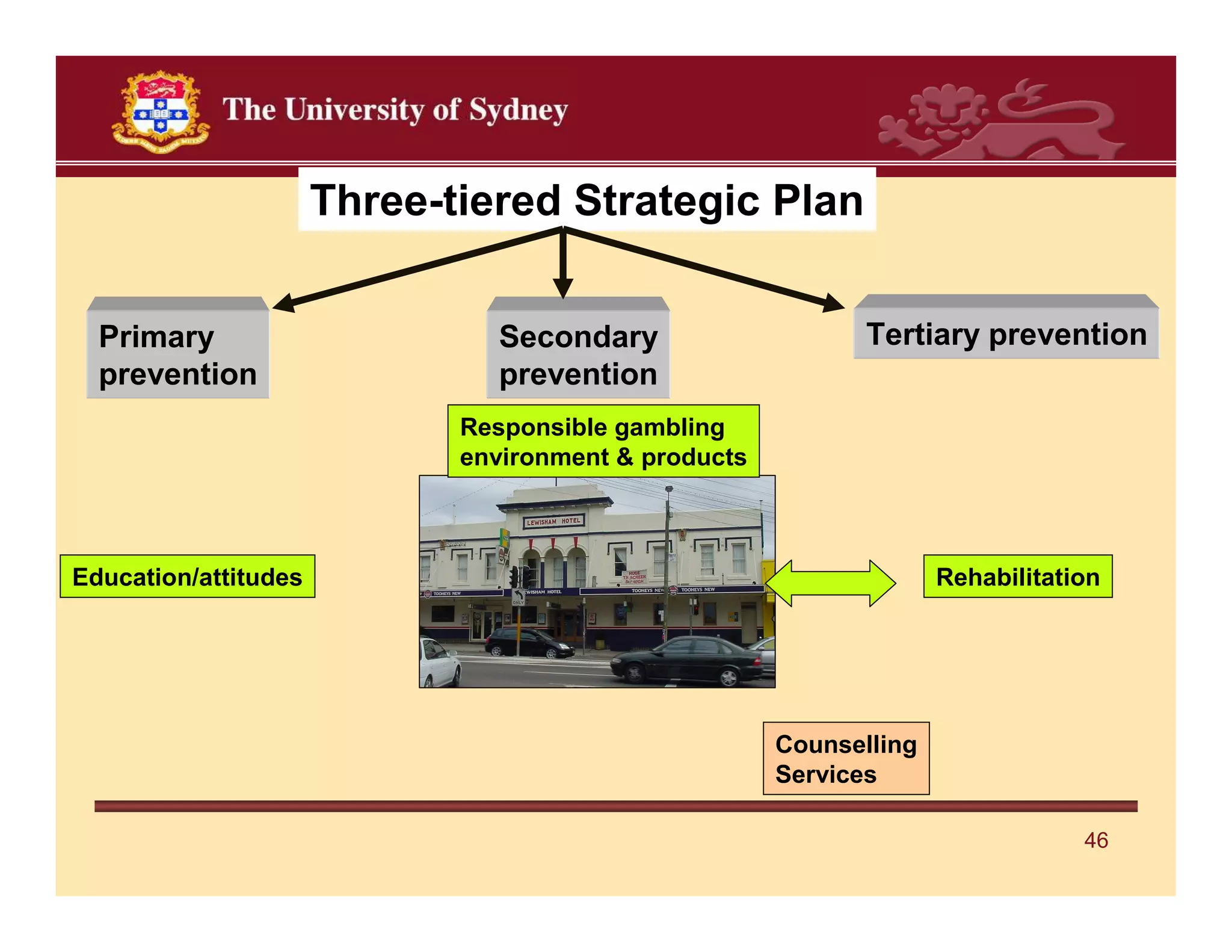 Three-tiered Strategic Plan


  Primary                      Secondary                     Tertiary prevention
  prevention                   prevention
                             Responsible gambling
                             environment & products



Education/attitudes                                                 Rehabilitation




                                                      Counselling
                                                      Services

                                                                                46
 