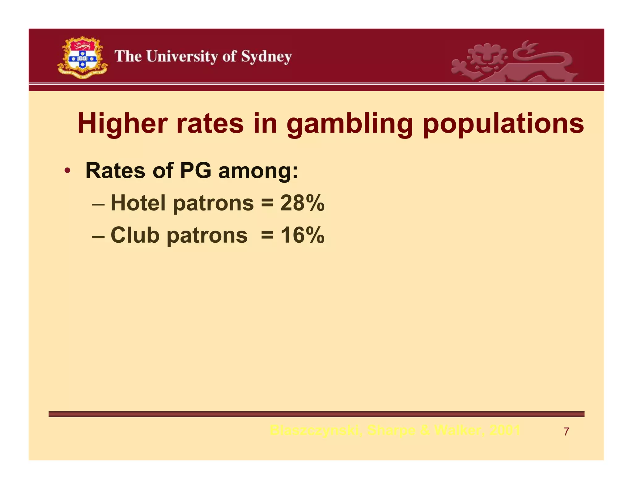 Higher rates in gambling populations
• Rates of PG among:
  – Hotel patrons = 28%
  – Club patrons = 16%




                  Blaszczynski, Sharpe & Walker, 2001   7
 