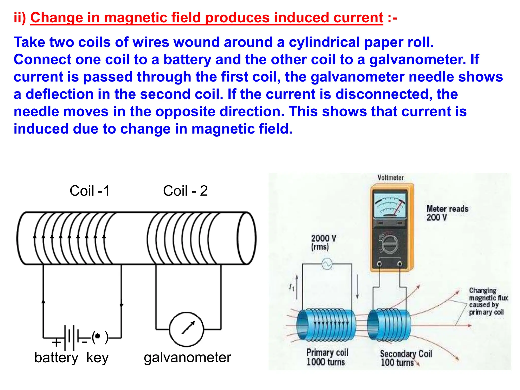 ii) Change in magnetic field produces induced current :-
Take two coils of wires wound around a cylindrical paper roll.
Connect one coil to a battery and the other coil to a galvanometer. If
current is passed through the first coil, the galvanometer needle shows
a deflection in the second coil. If the current is disconnected, the
needle moves in the opposite direction. This shows that current is
induced due to change in magnetic field.
Coil -1 Coil - 2
( )
battery key galvanometer
 