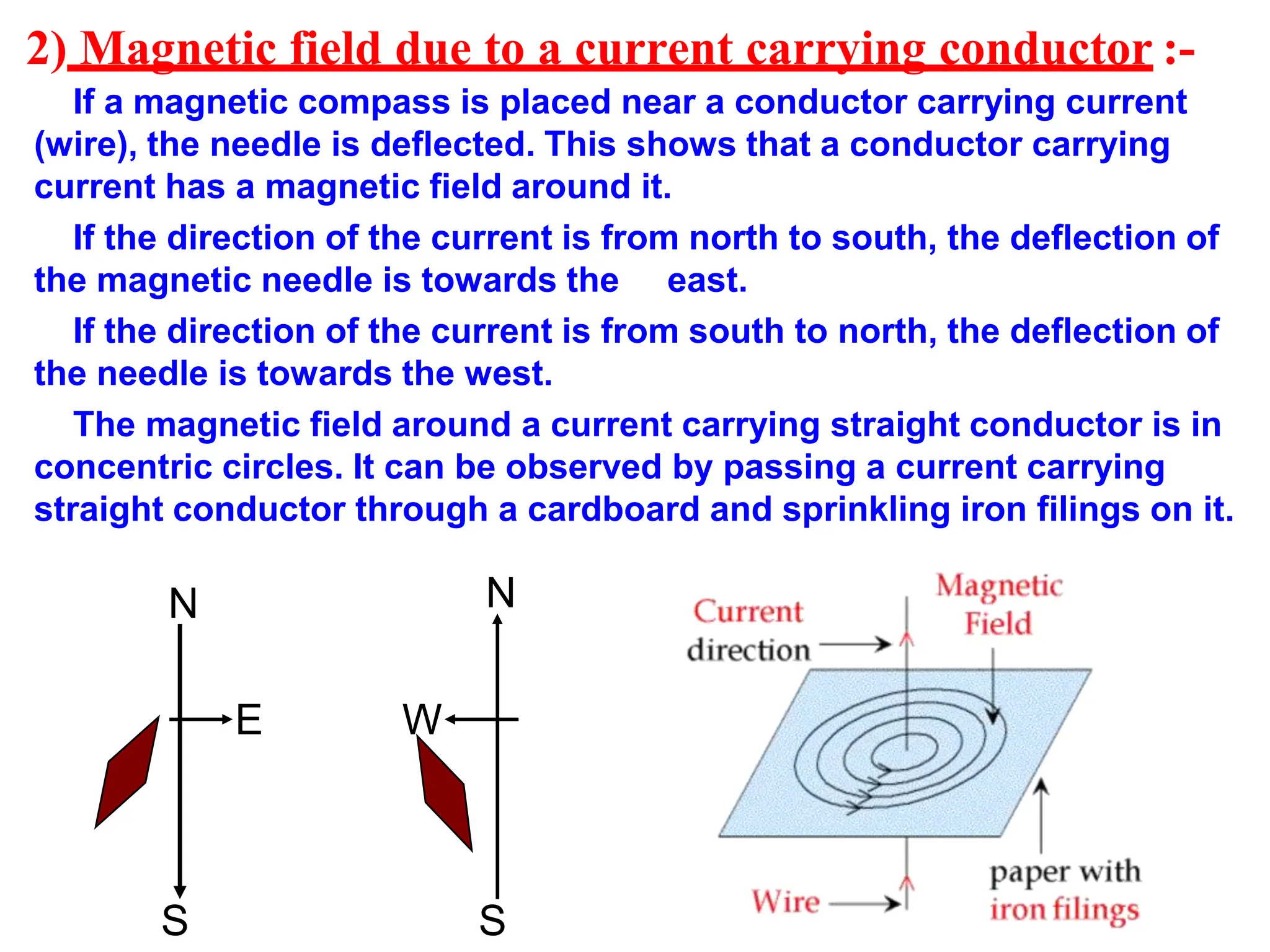2) Magnetic field due to a current carrying conductor :-
If a magnetic compass is placed near a conductor carrying current
(wire), the needle is deflected. This shows that a conductor carrying
current has a magnetic field around it.
If the direction of the current is from north to south, the deflection of
the magnetic needle is towards the east.
If the direction of the current is from south to north, the deflection of
the needle is towards the west.
The magnetic field around a current carrying straight conductor is in
concentric circles. It can be observed by passing a current carrying
straight conductor through a cardboard and sprinkling iron filings on it.
N
N
S
S
W
E
 