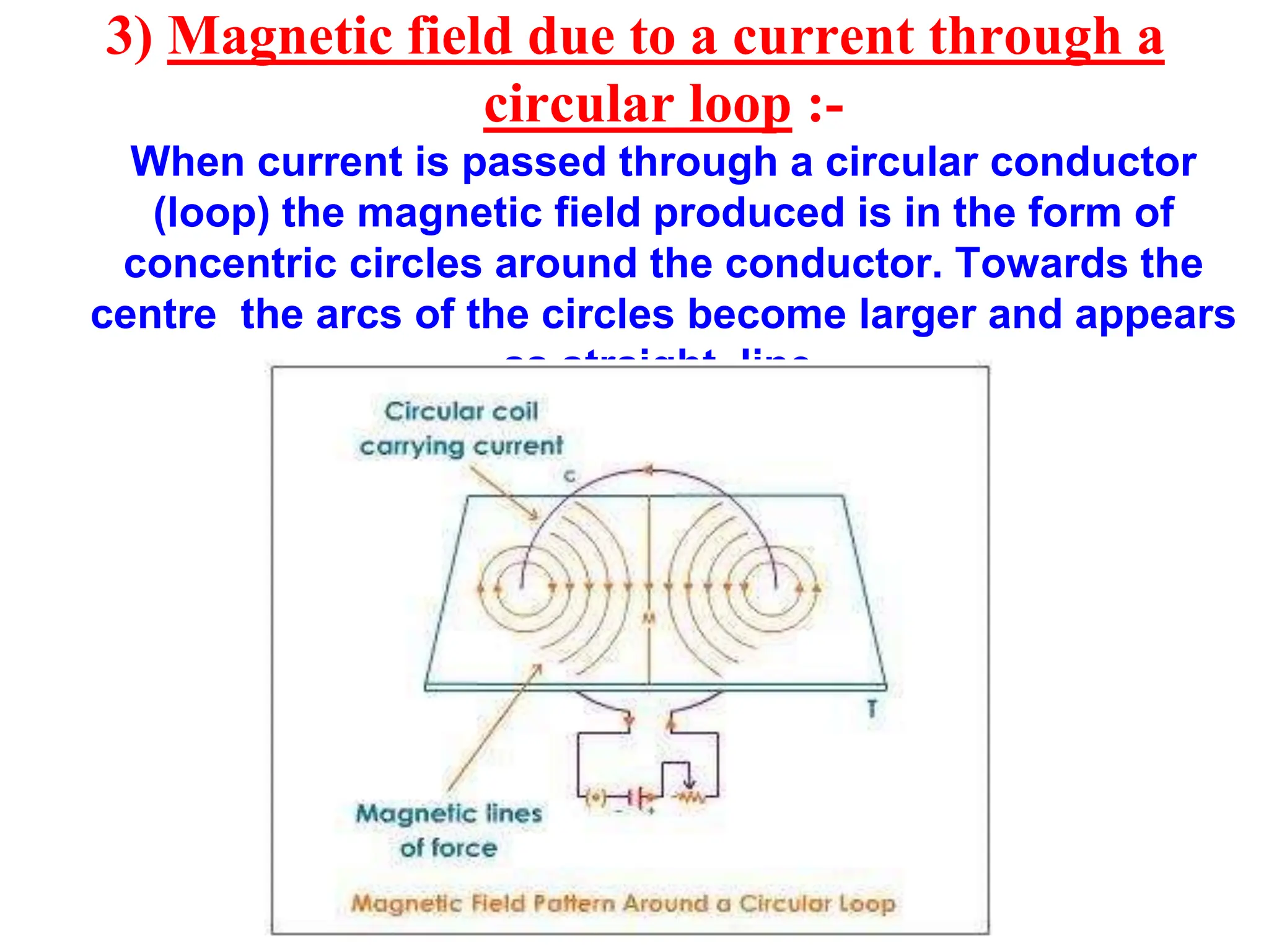 3) Magnetic field due to a current through a
circular loop :-
When current is passed through a circular conductor
(loop) the magnetic field produced is in the form of
concentric circles around the conductor. Towards the
centre the arcs of the circles become larger and appears
as straight line.
 