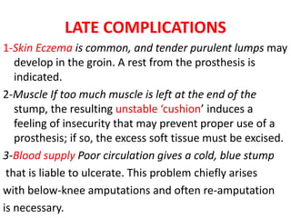 LATE COMPLICATIONS
1-Skin Eczema is common, and tender purulent lumps may
develop in the groin. A rest from the prosthesis is
indicated.
2-Muscle If too much muscle is left at the end of the
stump, the resulting unstable ‘cushion’ induces a
feeling of insecurity that may prevent proper use of a
prosthesis; if so, the excess soft tissue must be excised.
3-Blood supply Poor circulation gives a cold, blue stump
that is liable to ulcerate. This problem chiefly arises
with below-knee amputations and often re-amputation
is necessary.
 