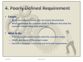 • Causes:
– What the customer wants, was not clearly documented.
– What you believe the customer wants is different that what the
customer believes they have asked for?
• What to do:
– Find out and document exactly what the customer wants.
– Inform everybody of the project scope.
– Document Business, Functional and technical requirements.
7/24/2014 Gagan Gupta
 