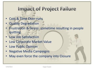 • Cost & Time Over-runs
• Quality Degradation
• Frustration & Stress: sometime resulting in people
quitting
• Low Job Satisfaction
• Low Corporate Market Value
• Low Public Opinion
• Negative Media Campaigns
• May even force the company into Closure
7/24/2014 Gagan Gupta
 