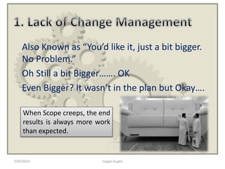 Also Known as “You’d like it, just a bit bigger.
No Problem.”
Oh Still a bit Bigger……. OK
Even Bigger? It wasn’t in the plan but Okay….
7/24/2014 Gagan Gupta
When Scope creeps, the end
results is always more work
than expected.
 