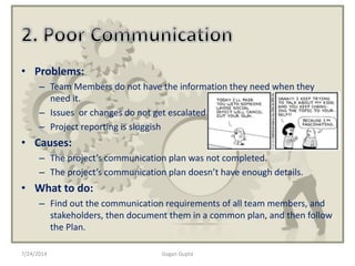 7/24/2014 Gagan Gupta
• Problems:
– Team Members do not have the information they need when they
need it.
– Issues or changes do not get escalated.
– Project reporting is sluggish
• Causes:
– The project’s communication plan was not completed.
– The project’s communication plan doesn’t have enough details.
• What to do:
– Find out the communication requirements of all team members, and
stakeholders, then document them in a common plan, and then follow
the Plan.
 