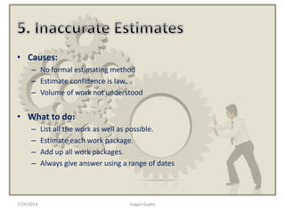 • Causes:
– No formal estimating method
– Estimate confidence is law.
– Volume of work not understood
• What to do:
– List all the work as well as possible.
– Estimate each work package.
– Add up all work packages.
– Always give answer using a range of dates
7/24/2014 Gagan Gupta
 