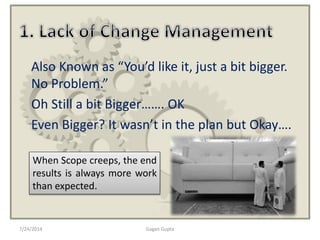 Also Known as “You’d like it, just a bit bigger.
No Problem.”
Oh Still a bit Bigger……. OK
Even Bigger? It wasn’t in the plan but Okay….
7/24/2014 Gagan Gupta
When Scope creeps, the end
results is always more work
than expected.
 