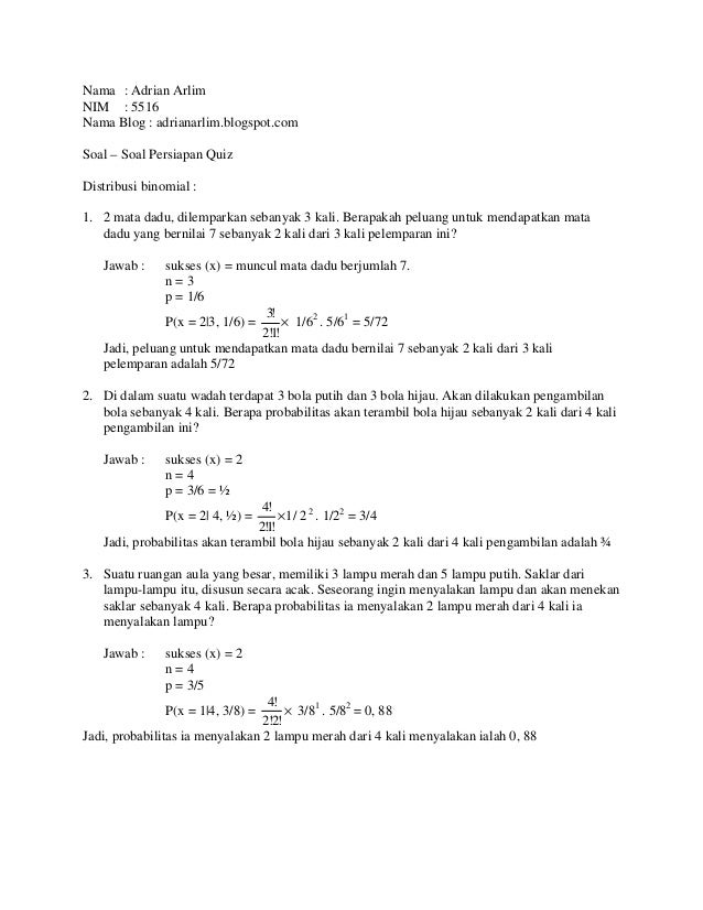 Materi Dan Contoh Soal Distribusi Binomial