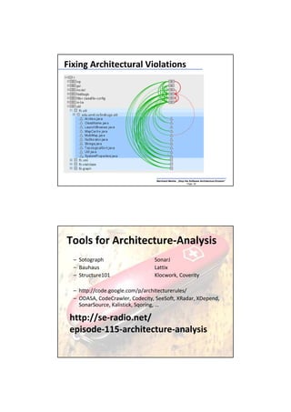 Fixing Architectural Violations




                                  Bernhard Merkle „Stop the Software Architecture Erosion“
                                                          Page: 35




Tools for Architecture-Analysis
  – Sotograph                    SonarJ
  – Bauhaus                      Lattix
  – Structure101                 Klocwork, Coverity

  – http://code.google.com/p/architecturerules/
  – ODASA, CodeCrawler, Codecity, SeeSoft, XRadar, XDepend,
    SonarSource, Kalistick, Sqoring, …

 http://se-radio.net/
 episode-115-architecture-analysis

                                  Bernhard Merkle „Stop the Software Architecture Erosion“
                                                          Page: 37
 