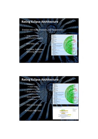Rating Eclipse Architecture

Erosion not really dramatic, but happened/s

  – large codebase,
    structured in plugins

  – OSGI helps a lot

  – API Police, Guidelines
    upcoming PDE tools



                               Bernhard Merkle „Stop the Software Architecture Erosion“
                                                       Page: 64




Rating Eclipse Architecture:
  – Violations
      • Upper layers
      • Internal access
  – Small amount of
      • AntiPatterns
  – Some amount of
      • CodeClones


  – OSGI is not enough

     People AND Tools !



                               Bernhard Merkle „Stop the Software Architecture Erosion“
                                                       Page: 65
 