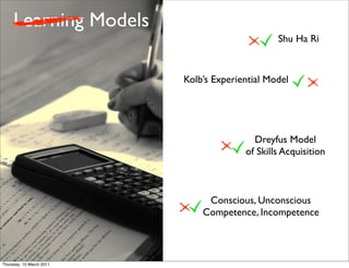 Learning Models
                                                Shu Ha Ri


                          Kolb’s Experiential Model




                                          Dreyfus Model
                                        of Skills Acquisition



                               Conscious, Unconscious
                              Competence, Incompetence



Thursday, 10 March 2011
 