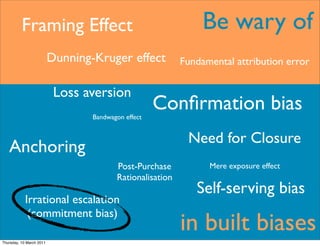 Framing Effect                                        Be wary of
                          Dunning-Kruger effect            Fundamental attribution error


                           Loss aversion
                                  Bandwagon effect
                                                     Conﬁrmation bias
                                                            Need for Closure
   Anchoring
                                         Post-Purchase           Mere exposure effect
                                         Rationalisation
                                                              Self-serving bias
            Irrational escalation
             (commitment bias)
                                                           in built biases
Thursday, 10 March 2011
 