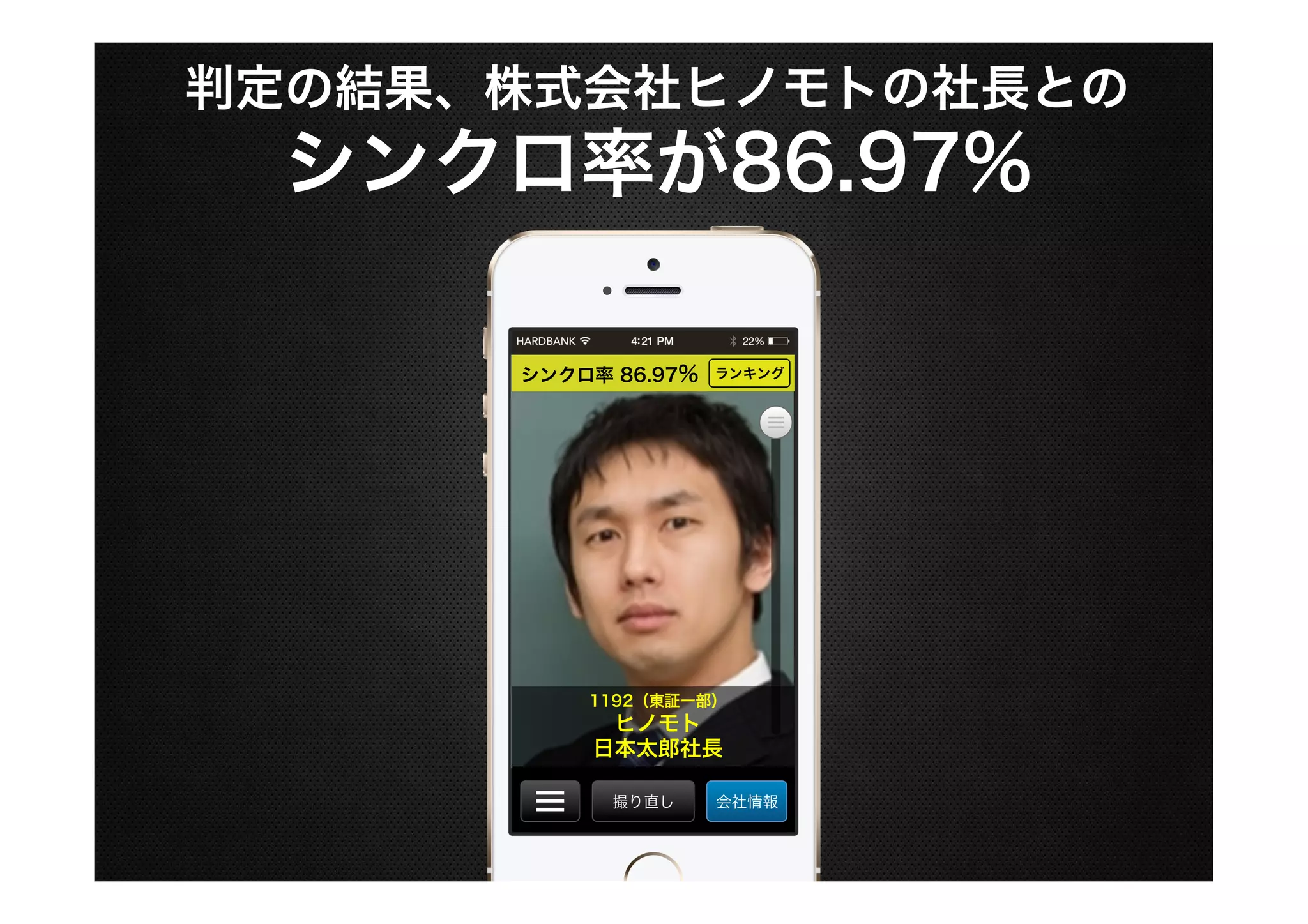 判定の結果、株式会社ヒノモトの社長との

シンクロ率が86.97%
シンクロ率 86.97%

ランキング

1192（東証一部）

ヒノモト
日本太郎社長
撮り直し

会社情報

 