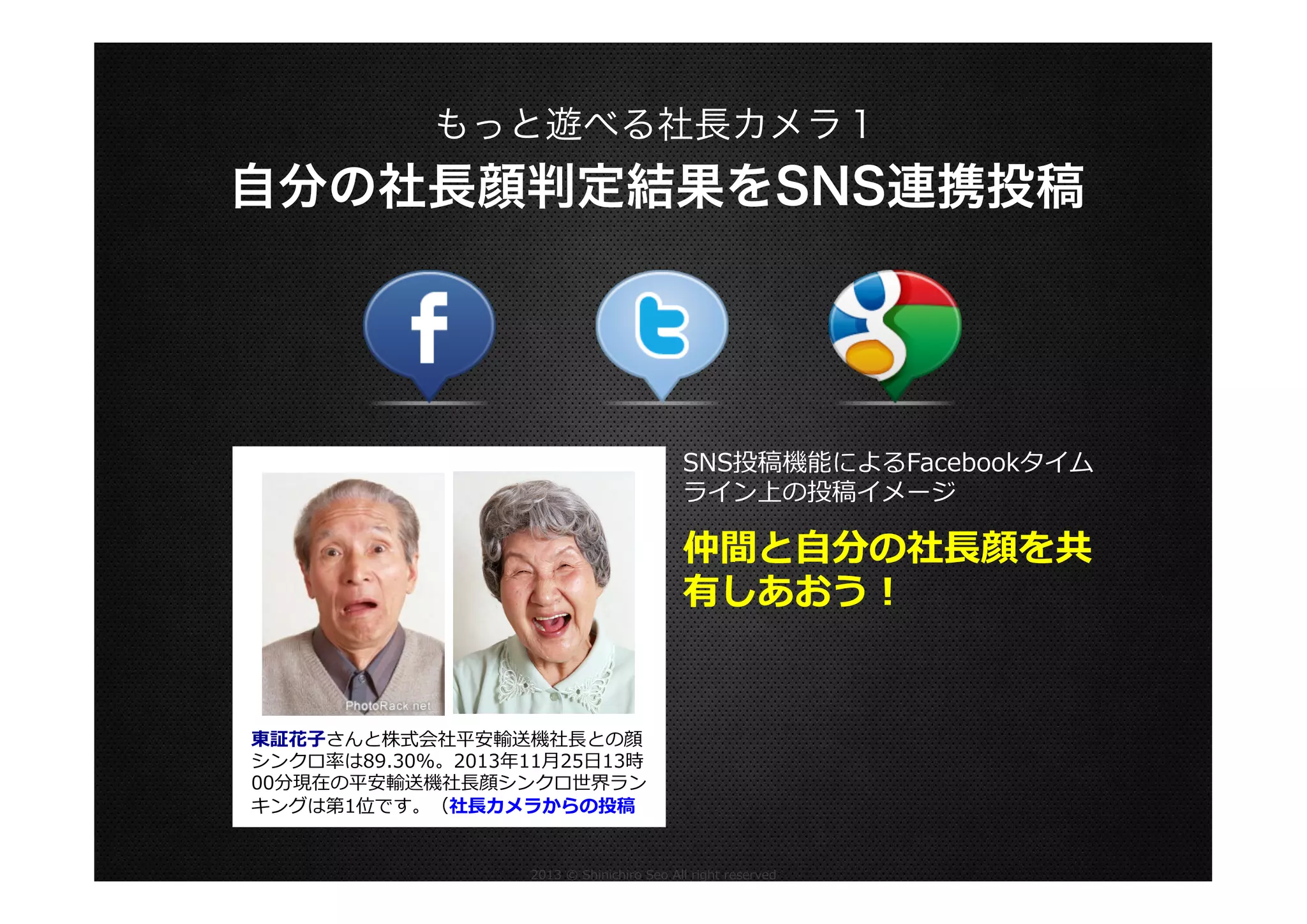 もっと遊べる社長カメラ１

自分の社長顔判定結果をSNS連携投稿

SNS投稿機能によるFacebookタイム
ライン上の投稿イメージ

仲間と⾃自分の社⻑⾧長顔を共
有しあおう！

東証花⼦子さんと株式会社平安輸送機社⻑⾧長との顔
シンクロ率率率は89.30%。2013年年11⽉月25⽇日13時
00分現在の平安輸送機社⻑⾧長顔シンクロ世界ラン
キングは第1位です。（社⻑⾧長カメラからの投稿）
2013  ©  Shinichiro  Seo  All  right  reserved

 