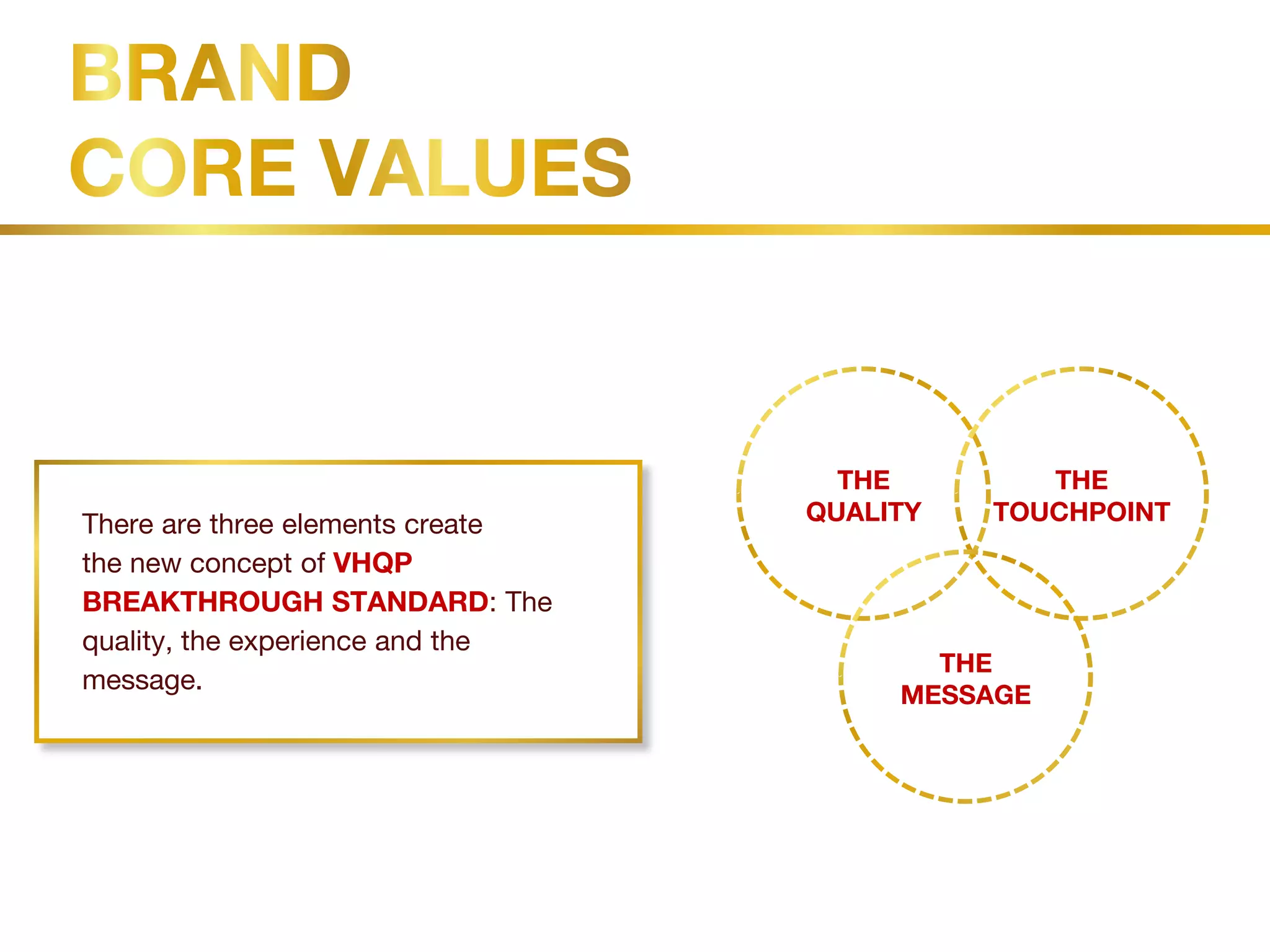 THE
QUALITY
THE
TOUCHPOINT
THE
MESSAGE
There are three elements create
the new concept of VHQP
BREAKTHROUGH STANDARD: The
quality, the experience and the
message.
 