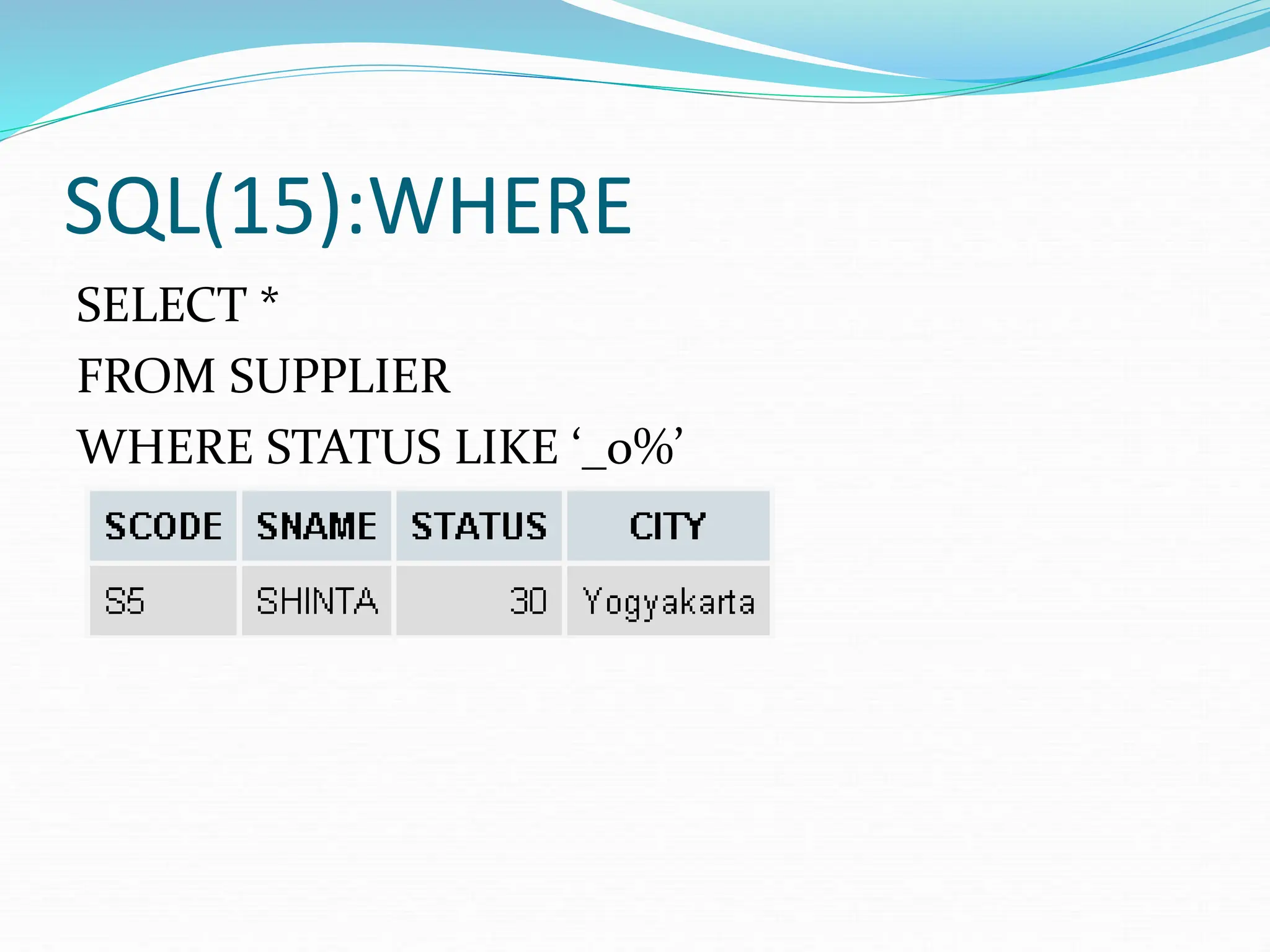 SQL(15):WHERE
SELECT *
FROM SUPPLIER
WHERE STATUS LIKE ‘_o%’
 