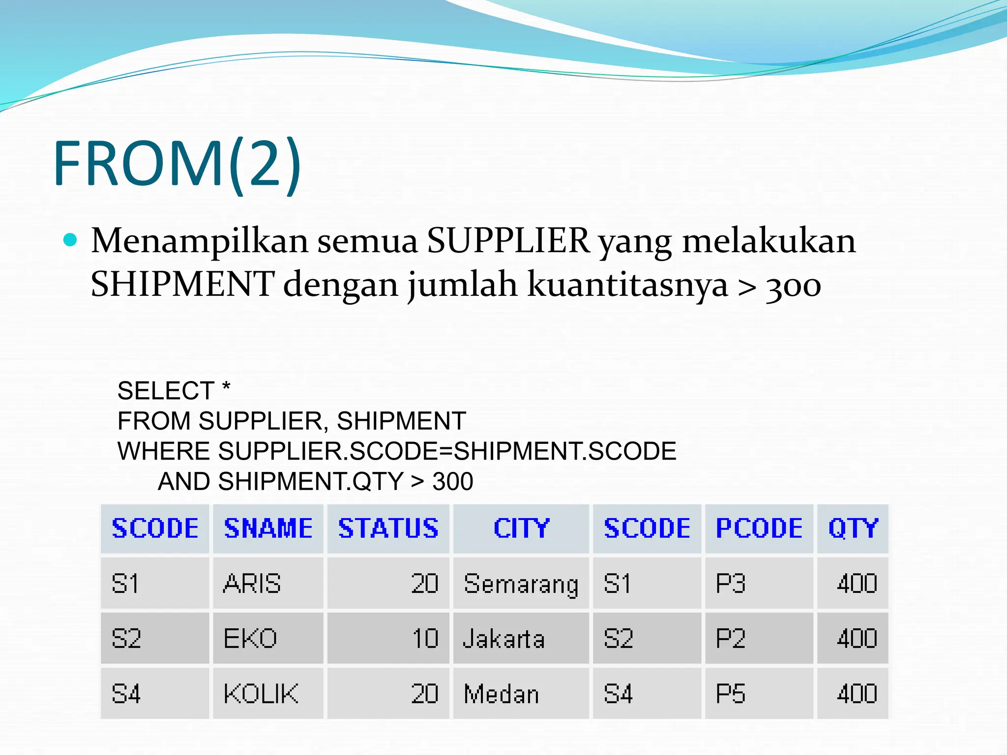 FROM(2)
 Menampilkan semua SUPPLIER yang melakukan
SHIPMENT dengan jumlah kuantitasnya > 300
SELECT *
FROM SUPPLIER, SHIPMENT
WHERE SUPPLIER.SCODE=SHIPMENT.SCODE
AND SHIPMENT.QTY > 300
 