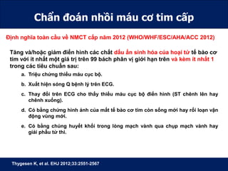 Chẩn đoán nhồi máu cơ tim cấp
Định nghĩa toàn cầu về NMCT cấp năm 2012 (WHO/WHF/ESC/AHA/ACC 2012)
 Type 1: NMCT cấp thể t...
