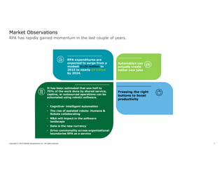 Copyright © 2019 Deloitte Development LLC. All rights reserved. 7
RPA has rapidly gained momentum in the last couple of years.
Market Observations
RPA expenditures are
expected to surge from a
modest $125 million in
2015 to nearly $4 billion
by 2024.
Automation can
actually create
better new jobs
Pressing the right
buttons to boost
productivity
It has been estimated that one half to
70% of the work done by shared service,
captive, or outsourced operations can be
automated using robotic software.
• Cognitive- intelligent automation
• The rise of assisted robots- Humans &
Robots collaborating
• M&A will impact in the software
landscape
• Data is the new currency
• Drive commonality across organizational
boundaries RPA as a service
 