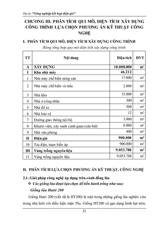Dự án “Nông nghiệp kết hợp điện gió”
31
CHƯƠNG III. PHÂN TÍCH QUI MÔ, DIỆN TÍCH XÂY DỰNG
CÔNG TRÌNH LỰA CHỌN PHƯƠNG ÁN KỸ THUẬT CÔNG
NGHỆ
I. PHÂN TÍCH QUI MÔ, DIỆN TÍCH XÂY DỰNG CÔNG TRÌNH
Bảng tổng hợp quy mô diện tích xây dựng công trình
TT Nội dung Diện tích ĐVT
A XÂY DỰNG 10.000.000 m2
I Khu nhà máy 46.212
1 Nhà máy chế biến nông sản 17.000 m2
2 Nhà máy chế biến vỏ trấu 2.000 m2
3 Nhà kho 15.000 m2
4 Nhà ở công nhân 300 m2
5 Nhà để xe 500 m2
6 Nhà bảo vệ 12 m2
7 Đường giao thông nội bộ 3.000 m2
8 Khuôn viên, cây xanh cảnh quan (sân bãi) 8.000 m2
9 Nhà văn phòng 400 m2
II Điện gió 900.000 m2
10 Trụ điện, trạm biến áp 900.000 m2
III Vùng trồng nguyên liệu 9.053.788 m2
11 Vùng trồng nguyên liệu 9.053.788 m2
II. PHÂN TÍCH LỰA CHỌN PHƯƠNG ÁN KỸ THUẬT, CÔNG NGHỆ
2.1. Giải pháp công nghệ áp dụng trên cánh đồng lúa
 Các giống lúa đượclựa chọn để tiến hành trồng như sau:
Giống lúa Hatri 200
Giống Hatri 200 (viết tắt là HT200) là một trong những giống lúa nghiên cứu
trong nhà lưới với điều kiện mặn 5‰. Giống HT200 có gạo dạng hình hạt tròn,
 