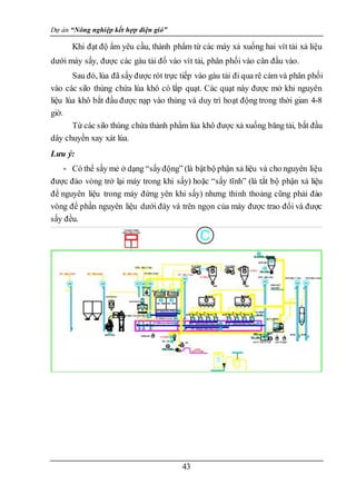 Dự án “Nông nghiệp kết hợp điện gió”
43
Khi đạt độ ẩm yêu cầu, thành phẩm từ các máy xả xuống hai vít tải xả liệu
dưới máy sấy, được các gàu tải đổ vào vít tải, phân phối vào cân đầu vào.
Sau đó, lúa đã sấy được rót trực tiếp vào gàu tải đi qua rê cám và phân phối
vào các silo thùng chứa lúa khô có lắp quạt. Các quạt này được mở khi nguyên
liệu lúa khô bắt đầu được nạp vào thùng và duy trì hoạt động trong thời gian 4-8
giờ.
Từ các silo thùng chứa thành phẩm lúa khô được xả xuống băng tải, bắt đầu
dây chuyền xay xát lúa.
Lưu ý:
- Có thể sấy mẻ ở dạng “sấyđộng” (là bậtbộ phận xả liệu và cho nguyên liệu
được đảo vòng trở lại máy trong khi sấy) hoặc “sấy tĩnh” (là tắt bộ phận xả liệu
để nguyên liệu trong máy đứng yên khi sấy) nhưng thỉnh thoảng cũng phải đảo
vòng để phần nguyên liệu dưới đáy và trên ngọn của máy được trao đổi và được
sấy đều.
 