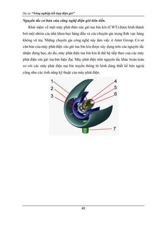 Dự án “Nông nghiệp kết hợp điện gió”
48
Nguyên tắc cơ bản của công nghệ điện gió tiên tiến.
Khái niệm về một máy phát điên sức gió tua bin kín (CWT) được hình thành
bởi một nhóm các nhà khoa học hàng đầu và các chuyên gia trong lĩnh vực hàng
không vũ trụ. Những chuyên gia công nghệ này làm việc ở Arter Group. Cơ sở
căn bản của máy phát điện sức gió tua bin kín được xây dựng trên các nguyên tắc
nhiện động học, do đo, máy phát điện tua bin kín là thế hệ tiếp theo của các máy
phát điện sức gió tua bin hiện đại. Máy phát điện trên nguyên tắc khác hoàn toàn
so với các máy phát điện tua bin truyền thông từ hình dáng thiết kế bên ngoài
cũng như các tính năng kỹ thuật của máy phát điện.
 
