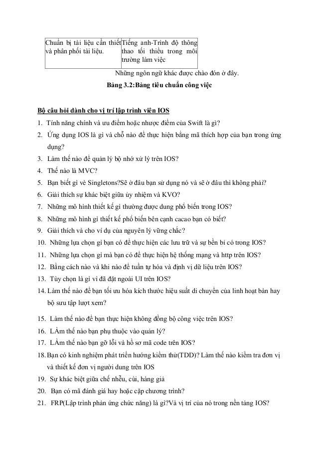 Chuẩn bị tài liệu cần thiết
và phân phối tài liệu.
Tiếng anh-Trình độ thông
thao tối thiểu trong môi
trường làm việc
Những ngôn ngữ khác được chào đón ở đây.
Bảng 3.2:Bảng tiêu chuẩn công việc
Bộ câu hỏi dành cho vị trí lập trình viên IOS
1. Tính năng chính và ưu điểm hoặc nhược điểm của Swift là gì?
2. Ứng dụng IOS là gì và chỗ nào để thực hiện bẳng mã thích hợp của bạn trong ứng
dụng?
3. Làm thế nào để quản lý bộ nhớ xử lý trên IOS?
4. Thế nào là MVC?
5. Bạn biết gì vè Singletons?Sẽ ở đâu bạn sử dụng nó và sẽ ở đâu thì không phải?
6. Giải thích sự khác biệt giữa ủy nhiệm và KVO?
7. Những mô hình thiết kế gì thường được dung phổ biến trong IOS?
8. Những mô hình gì thiết kế phổ biến bên cạnh cacao bạn có biết?
9. Giải thích và cho ví dụ của nguyên lý vững chắc?
10. Những lựa chọn gì bạn có để thực hiện các lưu trữ và sự bền bỉ có trong IOS?
11. Những lựa chọn gì mà bạn có để thực hiện hệ thống mạng và http trên IOS?
12. Bằng cách nào và khi nào để tuần tự hóa và định vị dữ liệu trên IOS?
13. Tùy chọn là gì vì đã đặt ngoài UI trên IOS?
14. Làm thế nào để bạn tối ưu hóa kích thước hiệu suất di chuyển của linh hoạt bàn hay
bộ sưu tập lượt xem?
15. Làm thế nào để bạn thực hiện không đồng bộ công việc trên IOS?
16. LÀm thế nào bạn phụ thuộc vào quản lý?
17. LÀm thế nào bạn gỡ lỗi và hồ sơ mã code trên IOS?
18.Bạn có kinh nghiệm phát triển hướng kiểm thử(TDD)? Làm thế nào kiểm tra đơn vị
và thiết kế đơn vị người dung trên IOS
19. Sự khác biệt giữa chế nhễu, cùi, hàng giả
20. Bạn có mã đánh giá hay hoặc cặp chương trình?
21. FRP(Lập trình phản ứng chức năng) là gì?Và vị trí của nó trong nền tảng IOS?
 