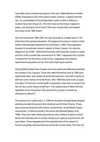 have fallen back to levels more typical of the early 1980s [Ministry of Health,
2005]]. Expressed a ratio of the prison muster, however, it appears that the
rate as a percentage of the average daily muster is static or falling as
musters have risen [Figure 2]. Why then have we had these 2 apparent
peaks, and what gave rise to them? Why have suicide rates not dropped
since back to the 1980 levels?


Over the time period 1986-1992, the rate of suicide by inmates was 2.5 -5.2
times that of the general population. This degree of increase is similar to other
nations internationally [Department of Corrections, 1995]. There appeared
however to be particular issues in relation to these 2 peaks. For instance,
Skegg and Cox [1991, 1993] found that there were particular clusters in space
and time of the suicides that occurred prior to 1990. It appeared that a suicide
increased the risk that others could suicide, suggesting that prisoners
represented a population at risk. One event might spark another.


Davey [2000] studied these 2 peaks and found significant differences between
the suicides in the 2 groups. Those who killed themselves prior to 1990 were
significantly older, were almost all sentenced prisoners, most had a history of
self harm and a history of mental illness. After 1990 they were much younger,
only about 1/3 had prior mental health involvement, most were on remand and
did not have a prior history of self harm. The majority were of Maori ethnicity
regardless of the time period. Why should the 2 groups of suicides be
otherwise so different?


The answers lie in public policy. In 1984 the Auckland Hospital Board stopped
admitting mentally ill prisoners from Auckland and Mt Eden Prisons. These
were sentenced prisoners with serious mental illness. As the Mason Inquiry
documented, 12 died by suicide in the period that followed [Mason et al,
1988]. They were older sentenced prisoners with a history of serious mental
illness who died because of a policy change by an agency of government. All
were Maori. These tragedies led to the establishment of the network of
forensic psychiatry services that exist around the country today. We have not
 
