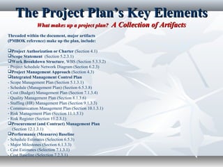 The Project Plan’s Key ElementsThe Project Plan’s Key Elements
What makes up a project plan?What makes up a project plan? A Collection of ArtifactsA Collection of Artifacts
Threaded within the document, major artifacts
(PMBOK reference) make up the plan, include:
Project Authorization or Charter (Section 4.1)
Scope Statement (Section 5.2.3.1)
Work Breakdown Structure, WBS (Section 5.3.3.2)
- Project Schedule Network Diagram (Section 6.2.3)
Project Management Approach (Section 4.3)
Integrated Management Control Plan
- Scope Management Plan (Section 5.1.3.1)
- Schedule (Management Plan) (Section 6.5.3.8)
- Cost (Budget) Management Plan (Section 7.1.3.4)
- Quality Management Plan (Section 8.1.3.6)
- Staffing (HR) Management Plan (Section 9.1.3.3)
- Communication Management Plan (Section 10.1.3.1)
- Risk Management Plan (Section 11.1.3.1)
- Risk Register (Section 11.2.3.1)
Procurement (and Contract) Management Plan
(Section 12.1.3.1)
Performance (Measures) Baseline
- Schedule Estimates (Selection 6.5.3)
- Major Milestones (Section 6.1.3.3)
- Cost Estimates (Selection 7.1.3.1)
- Cost Baseline (Selection 7.2.3.1)
 