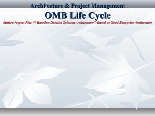 Architecture & Project ManagementArchitecture & Project Management
OMB Life CycleOMB Life Cycle
Mature Project PlanMature Project Plan  Based on Detailed Solution ArchitectureBased on Detailed Solution Architecture Based on Good Enterprise ArchitectureBased on Good Enterprise Architecture
 