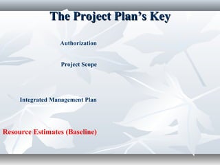 The Project Plan’s KeyThe Project Plan’s Key
Authorization
Project Scope
Integrated Management Plan
Resource Estimates (Baseline)
 