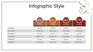Infographic Style
Contents A Add Text Add Text Add Text Add Text
Contents B Content Here Content Here Content Here Content Here
Contents C Add Text Add Text Add Text Add Text
Contents D Content Here Content Here Content Here Content Here
Contents E Add Text Add Text Add Text Add Text
Contents F Content Here Content Here Content Here Content Here
Contents
40%
Contents
60%
Contents
50%
Contents
70%
 