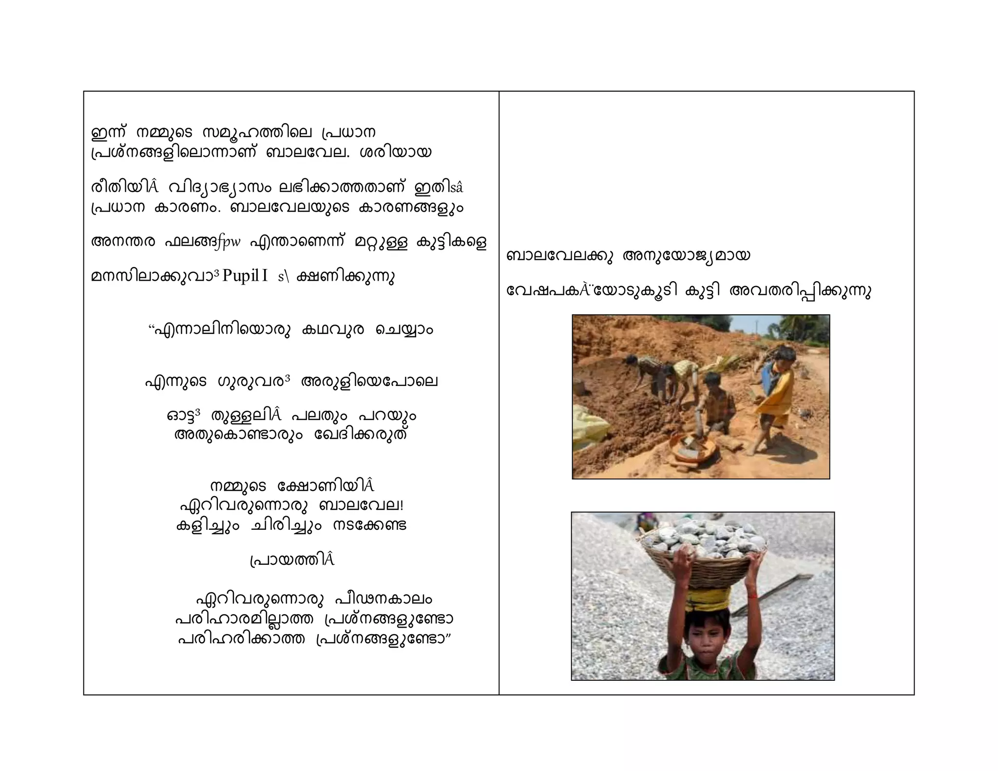 ഇന്ധ് നമ്മുളട സമൂഹത്തിളല പ്രധാന 
പ്രശ്നങ്ങെിളലാന്ധാണ് ബാലശവല. േരിയായ 
രീതിയിÂ വി യാഭ്യാസും ലഭ്ിക്കാത്തതാണ് ഇതിsâ 
പ്രധാന കാരണും. ബാലശവലയുളട കാരണങ്ങെുും 
അനെര ഫലങ്ങfpw എൊളണന്ധ് മറ്റുള്ള കുട്ടികളെ 
മനസിലാക്കുവാ³ Pupil I s ക്ഷണിക്കുന്ധു 
“എന്ധാലിനിളയാരു കഥവുര ളചയ്യാും 
എന്ധുളട ഗുരുവര³ അരുെിളയശരാളല 
ഓട്ട³ തുള്ളലിÂ രലതുും രറയുും 
അതുളകാൊരുും ശഖ ിക്കരുത് 
നമ്മുളട ശക്ഷാണിയിÂ 
ഏറിവരുളന്ധാരു ബാലശവല! 
കെിച്ചുും ചിരിച്ചുും നടശക്കെ 
പ്രായത്തിÂ 
ഏറിവരുളന്ധാരു രീഢനകാലും 
രരിഹാരമില്ാത്ത പ്രശ്നങ്ങെുശൊ 
രരിഹരിക്കാത്ത പ്രശ്നങ്ങെുശൊ” 
ബാലശവലക്കു അനുശയാജയമായ 
ശവഷരകÀ¨ശയാടുകൂടി കുട്ടി അവതരിെിക്കുന്ധു 
 