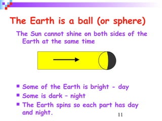 11
The Earth is a ball (or sphere)
The Sun cannot shine on both sides of the
Earth at the same time
 Some of the Earth is bright - day
 Some is dark – night
 The Earth spins so each part has day
and night.
 