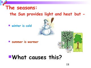 18
The seasons:
the Sun provides light and heat but -
 winter is cold
 summer is warmer
What causes this?
 