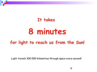 6
It takes
8 minutes
for light to reach us from the Sun!
Light travels 300 000 kilometres through space every second!
 