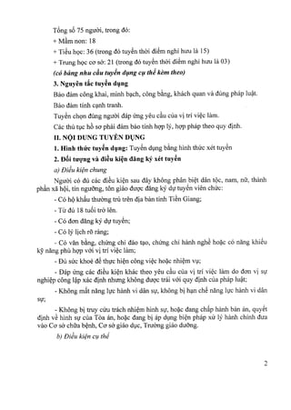 T6ng s6 75 nguoi, trong do:
+Mam non: 18
+ TiSu hoc: 36 (trong do tuyen thai diem nghi huu la 15)
+ Trung hoc co sa: 21 (trong do tuyen thai diSm nghi huu la 03)
(co hang nhu cau tuy~n dung c!, th~ kem theo)
3. Nguyen t~c tuy~n dung
Bao dam cong khai, minh bach, cong bang, khach quan va dung phap luat,
Bao dam tinh canh tranh.
Tuyen chon dung ngiroi dap irng yeu c~u cua vi tri viec lam.
Cac thu tuc h6 sa phai dam bao tinh hQ'Ply, hQ'Pphap thea quy dinh.
II. NOI DUNG TUYEN DUNG. .
1.Hinh thirc tuy~n dung: Tuyen dung bang hinh thirc xet tuyen
2. D8i tU'Q'ngva di~u ki~n dang ky xet tuyen
a) Di~u kien chung
Nguoi co du cac diSu kien sau day khong phan biet dan toe, nam, nfr, thanh
phan xa hoi, tin ngirong, ton giao duoc dang ky du tuyen vien chirc:
- Co h<)khAu thirong tru tren dia ban tinh TiSn Giang;
- Tu du 18 tu6i tra len.
- Co dan dang ky dl'tuySn;
- Co ly lich ro rang;
- Co van b~ng, ch(mg chi dao t~o, ch(mg chi hanh nghS ho?c co nang khi~u
ky nang phli hQ'Pv6i vi tri vi~c lam;
- E>usuc khoe dS thl'c hi~n cong vi~c ho?c nhi~m Vl;
- E>ap(mg cac diSu ki~n khac thea yeu c~u cua vi tri vi~c lam do dan vi Sl'
nghi~p cong l~p xac dinh nhung khong duQ'ctrai v6i quy dinh cua phap lu~t;
- Khong m~t nang ll'c hanh vi dan Sl',khong bi h~n ch~ nang ll'c hanh vi dan
suo.,
- Khong bi truy cUu trach nhi~m hinh Sl"ho?c dang ch~p hanh bim an, quy~t
dinh vS hinh Sl'cua Toa an, ho?c dang bi ap dlng bi~n phap xu ly hanh chinh dua
vao CO'sa chua b~nh, CO'sa giao dlc, Truang giao du5ng.
b) Di~u ki¢n Cl:l thi
2
 
