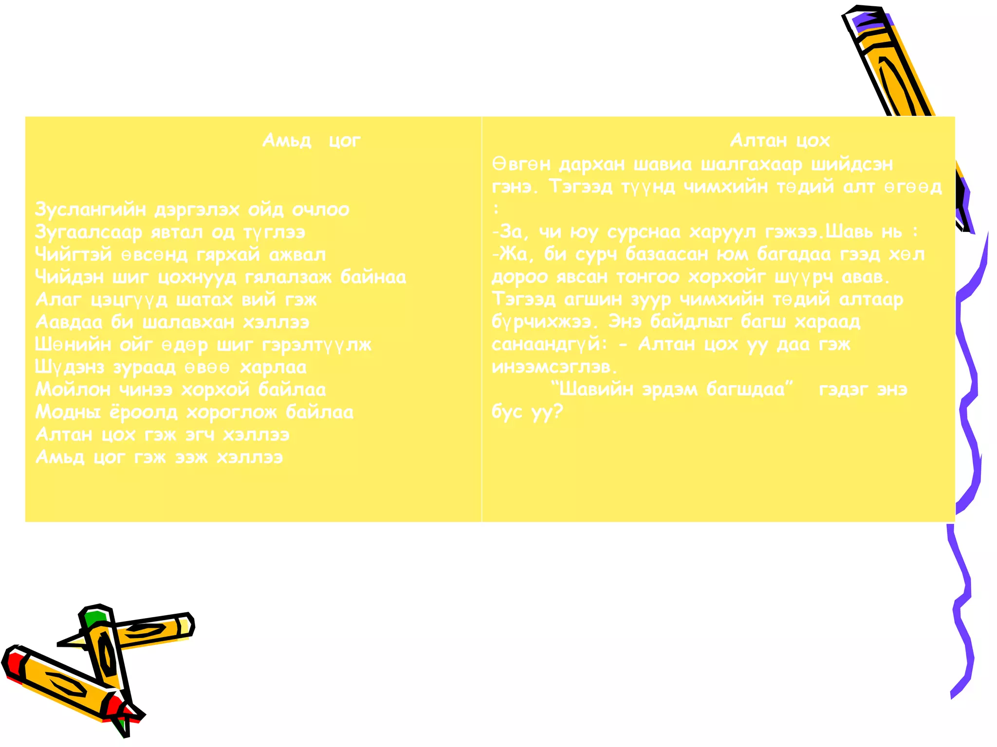 Амьд цог                                 Алтан цох
                                     Ө вгө н дархан шавиа шалгахаар шийдсэн
                                     гэнэ. Тэгээд түү нд чимхийн тө дий алт ө гөө д
Зуслангийн дэргэлэх ойд очлоо        :
Зугаалсаар явтал од тү глээ          -За, чи юу сурснаа харуул гэжээ.Шавь нь :
Чийгтэй ө всө нд гярхай ажвал        -Жа, би сурч базаасан юм багадаа гээд хө л
Чийдэн шиг цохнууд гялалзаж байнаа   дороо явсан тонгоо хорхойг шүү рч авав.
Алаг цэцгүү д шатах вий гэж          Тэгээд агшин зуур чимхийн тө дий алтаар
Аавдаа би шалавхан хэллээ            бү рчихжээ. Энэ байдлыг багш хараад
Шө нийн ойг ө дө р шиг гэрэлтүү лж   санаандгү й: - Алтан цох уу даа гэж
Шү дэнз зураад ө вөө харлаа          инээмсэглэв.
Мойлон чинээ хорхой байлаа                  “Шавийн эрдэм багшдаа” гэдэг энэ
Модны ёроолд хороглож байлаа         бус уу?
Алтан цох гэж эгч хэллээ
Амьд цог гэж ээж хэллээ
 