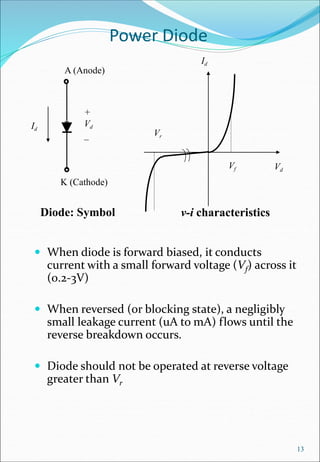 Power Diode
 When diode is forward biased, it conducts
current with a small forward voltage (Vf) across it
(0.2-3V)
 When reversed (or blocking state), a negligibly
small leakage current (uA to mA) flows until the
reverse breakdown occurs.
 Diode should not be operated at reverse voltage
greater than Vr
13
Id
Vd
Vf
Vr
A (Anode)
K (Cathode)
+
Vd
_
Id
Diode: Symbol v-i characteristics
 