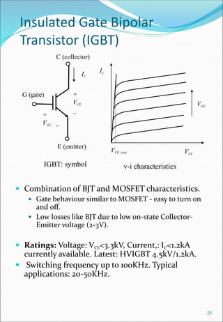 Insulated Gate Bipolar
Transistor (IGBT)
 Combination of BJT and MOSFET characteristics.
 Gate behaviour similar to MOSFET - easy to turn on
and off.
 Low losses like BJT due to low on-state Collector-
Emitter voltage (2-3V).
 Ratings: Voltage: VCE<3.3kV, Current,: IC<1.2kA
currently available. Latest: HVIGBT 4.5kV/1.2kA.
 Switching frequency up to 100KHz. Typical
applications: 20-50KHz.
25
IC
VCE
VGE
v-i characteristics
VCE (sat)
IGBT: symbol
+
VCE
_
IC
C (collector)
G (gate)
E (emitter)
+
VGE _
 