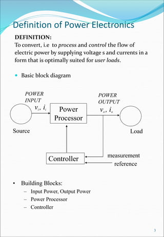 Definition of Power Electronics
DEFINITION:
To convert, i.e to process and control the flow of
electric power by supplying voltage s and currents in a
form that is optimally suited for user loads.
 Basic block diagram
3
• Building Blocks:
– Input Power, Output Power
– Power Processor
– Controller
Power
Processor
Controller
Load
measurement
reference
POWER
INPUT
POWER
OUTPUT
vi , ii vo , io
Source
 