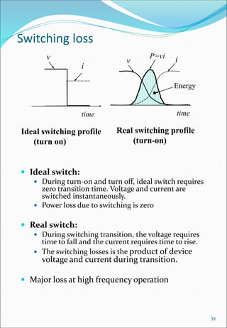 Switching loss
 Ideal switch:
 During turn-on and turn off, ideal switch requires
zero transition time. Voltage and current are
switched instantaneously.
 Power loss due to switching is zero
 Real switch:
 During switching transition, the voltage requires
time to fall and the current requires time to rise.
 The switching losses is the product of device
voltage and current during transition.
 Major loss at high frequency operation
38
v
i
time
Ideal switching profile
(turn on)
v i
time
Real switching profile
(turn-on)
P=vi
Energy
 
