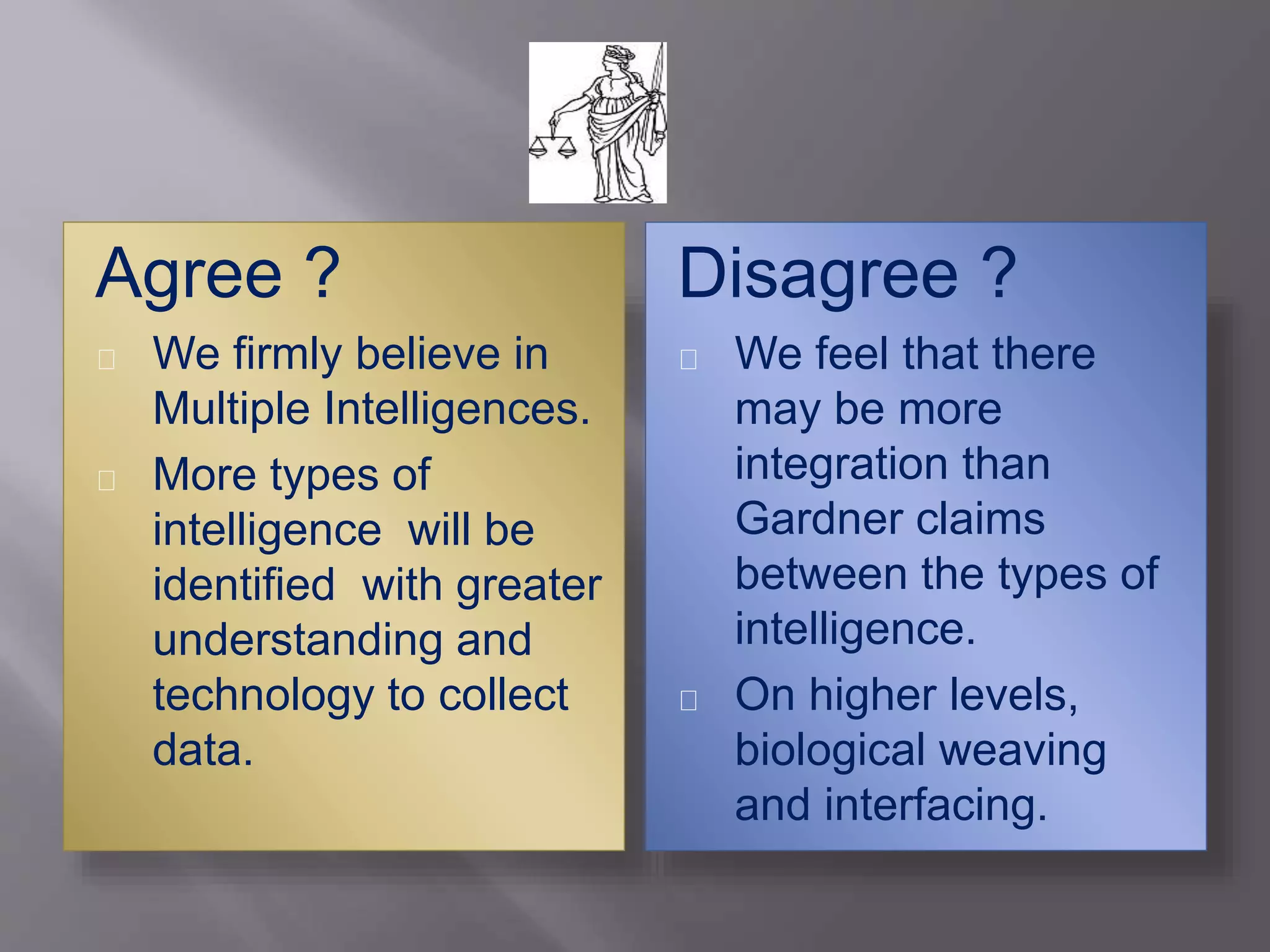Agree ?
We firmly believe in
Multiple Intelligences.
More types of
intelligence will be
identified with greater
understanding and
technology to collect
data.
Disagree ?
We feel that there
may be more
integration than
Gardner claims
between the types of
intelligence.
On higher levels,
biological weaving
and interfacing.
 