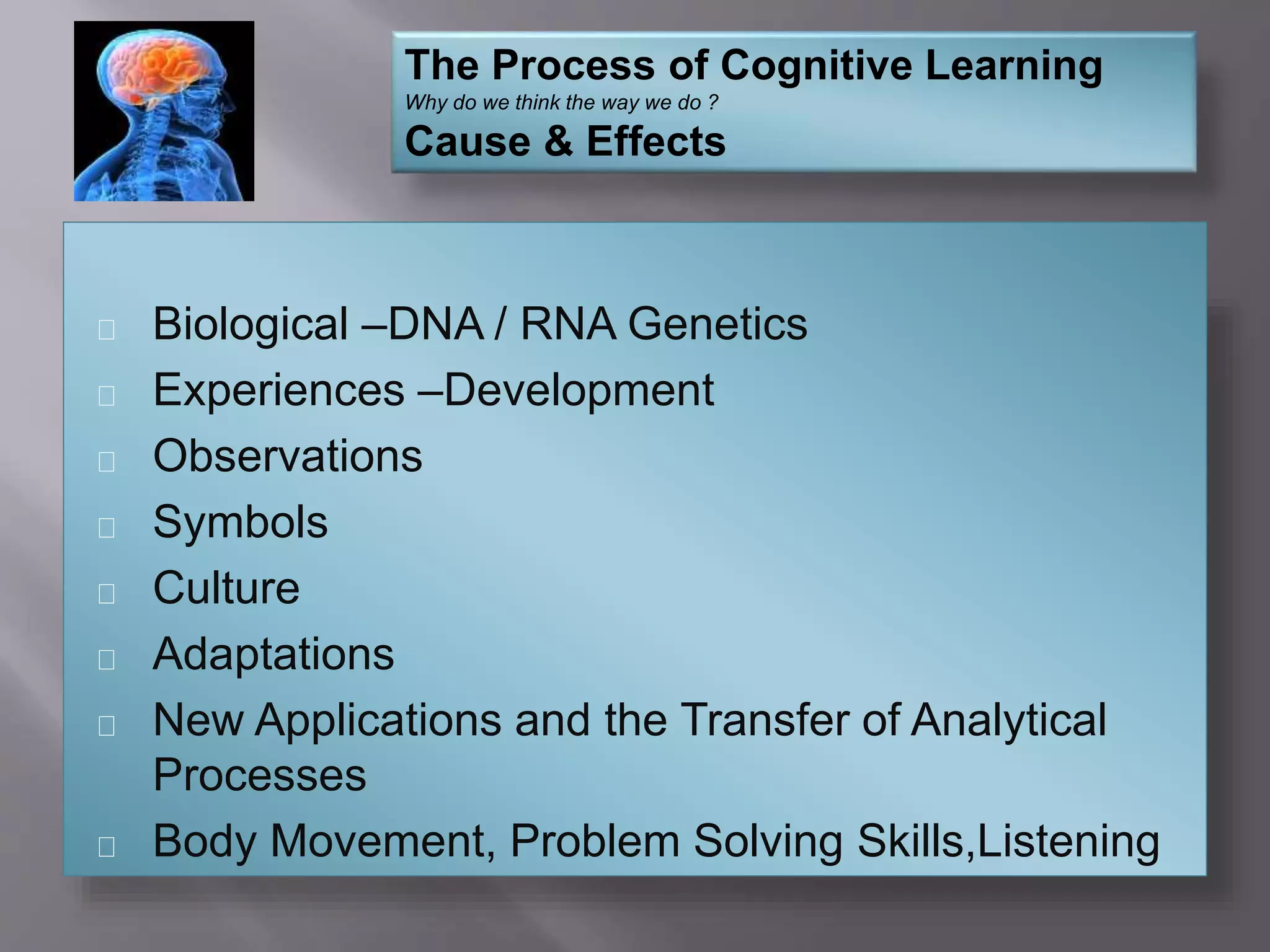 Biological –DNA / RNA Genetics
Experiences –Development
Observations
Symbols
Culture
Adaptations
New Applications and the Transfer of Analytical
Processes
Body Movement, Problem Solving Skills,Listening
The Process of Cognitive Learning
Why do we think the way we do ?
Cause & Effects
 