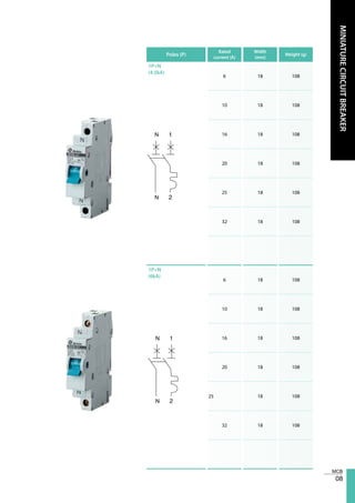 08
MINIATURECIRCUITBREAKER
Poles (P)
Rated
current (A)
Width
(mm)
Weight (g)
1P+N
(4.5kA)
6 18 108
10 18 108
16 18 108
20 18 108
25 18 108
32 18 108
1P+N
(6kA)
6 18 108
10 18 108
16 18 108
20 18 108
25 18 108
32 18 108
 