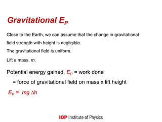 Gravitational EP
Close to the Earth, we can assume that the change in gravitational
field strength with height is negligible.
The gravitational field is uniform.
Lift a mass, m.
Potential energy gained, EP = work done
= force of gravitational field on mass x lift height
EP = mg ∆h
 